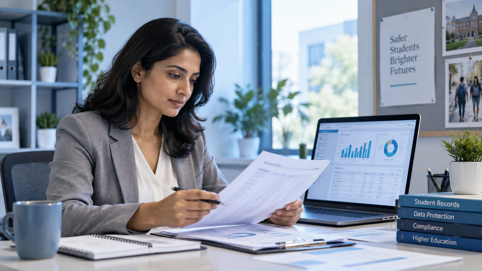 Registrar reviewing student records and data protection reports