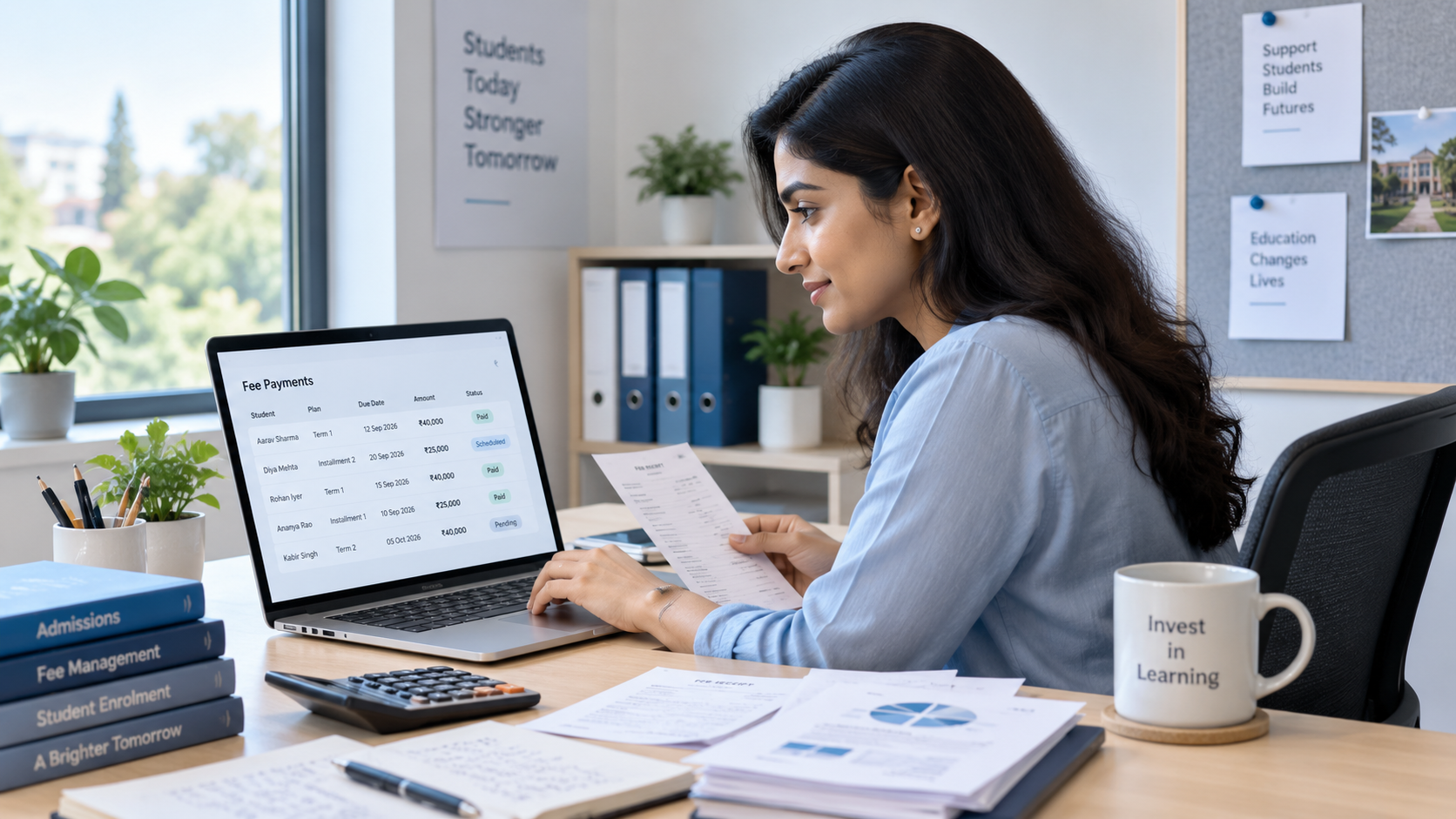 Finance staff reviewing fee payments on a laptop