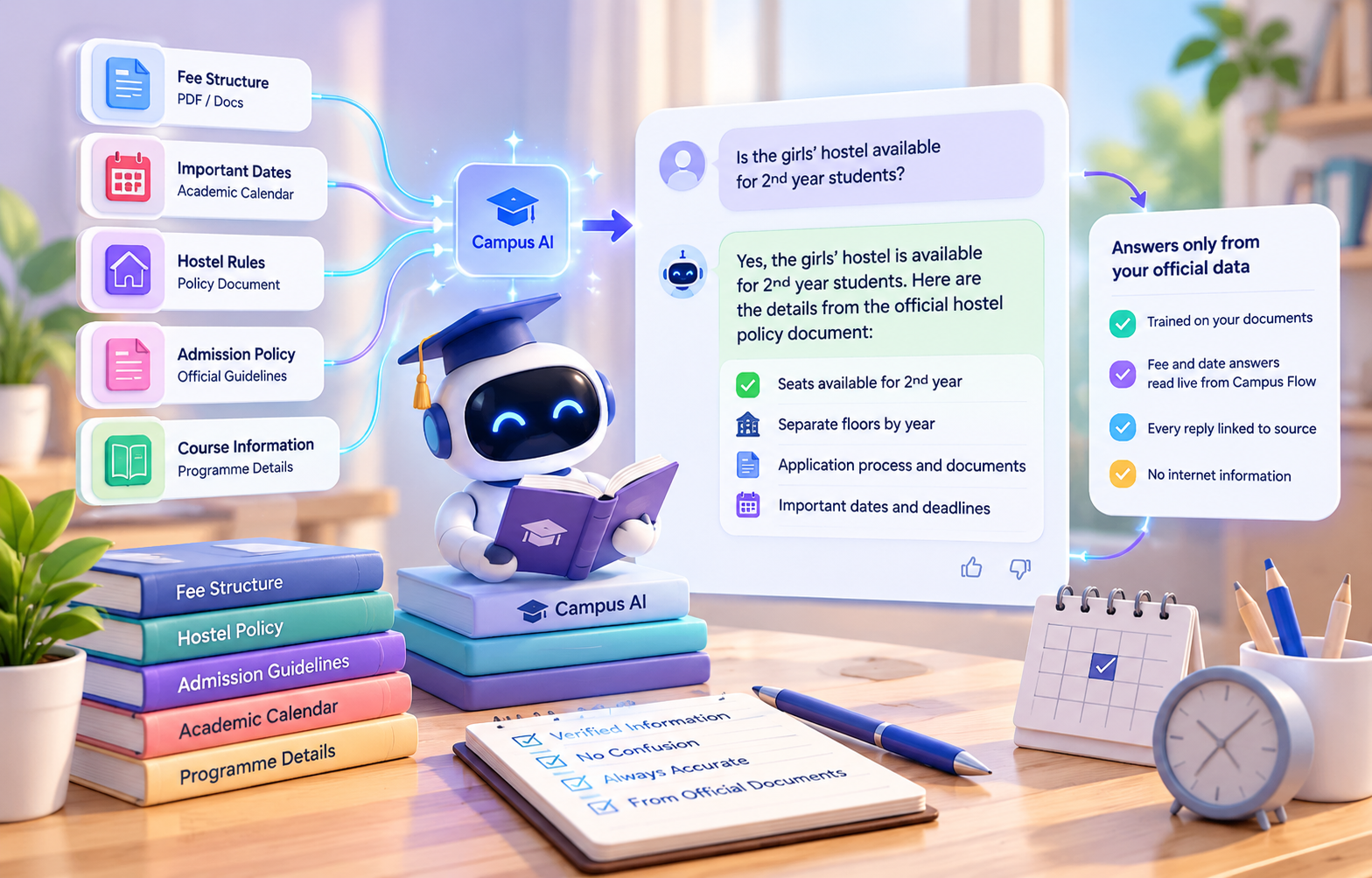 Campus AI answering a hostel question from official documents, with a counsellor-ready reply and source checks
