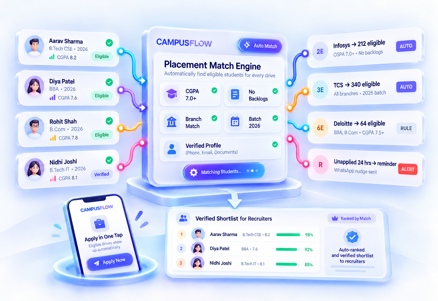 Placement match engine filtering eligible students by CGPA, backlogs, branch and batch for each drive