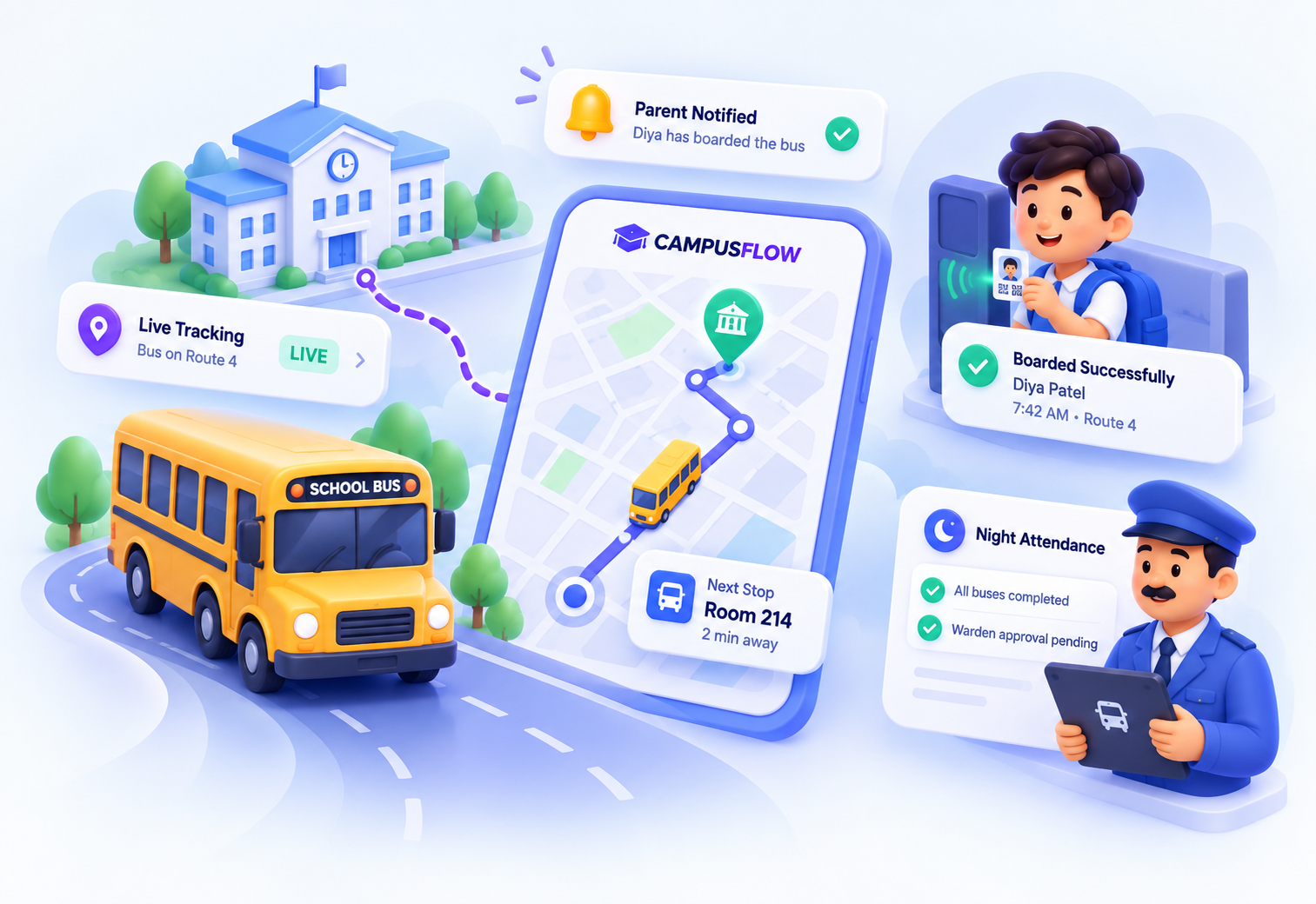 Live school bus tracking on a map, boarding alerts to parents and night attendance taken by the warden