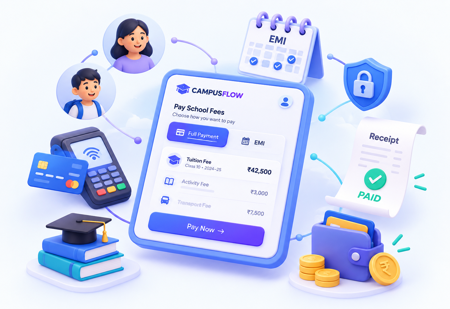 Fee collection by UPI, cards, EMI, e-mandate and counter, with receipt and reminder