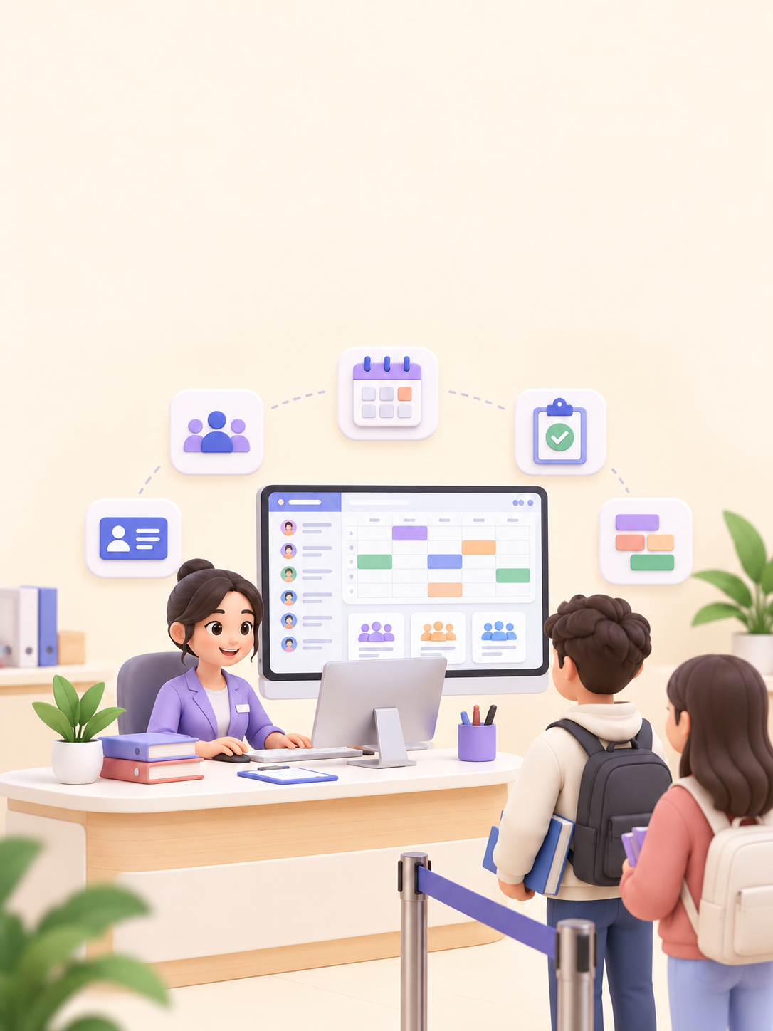 Front-desk counsellor managing timetables and batches while students queue