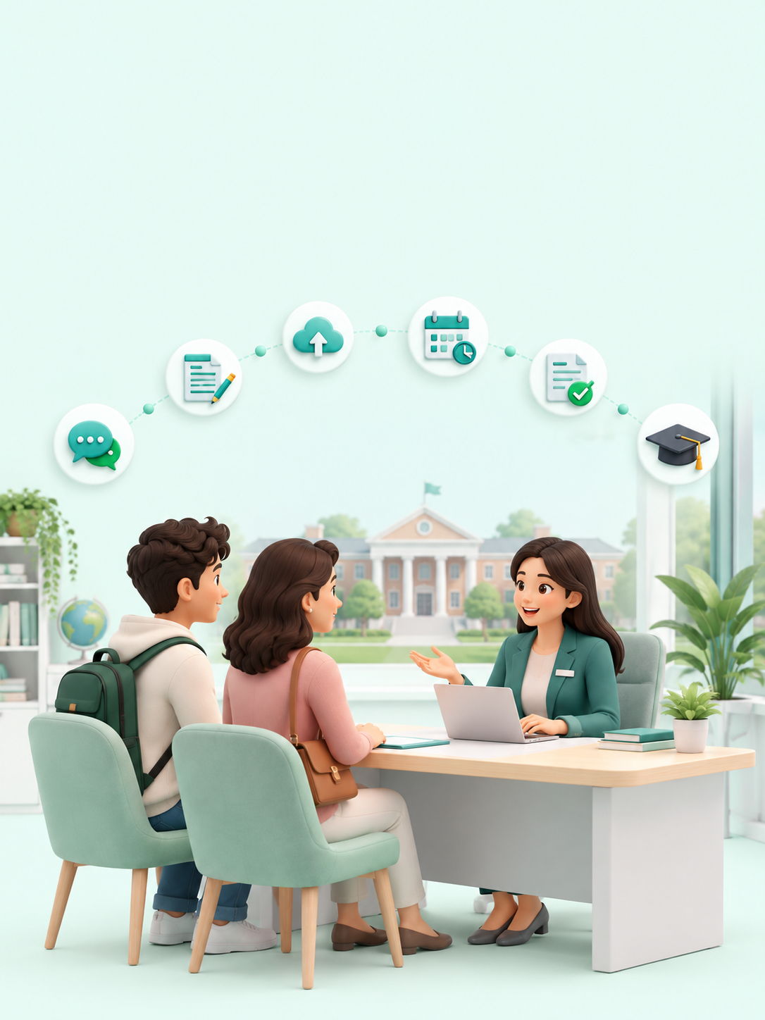 Counsellor meeting a student and parent, with the enquiry-to-enrolment steps above