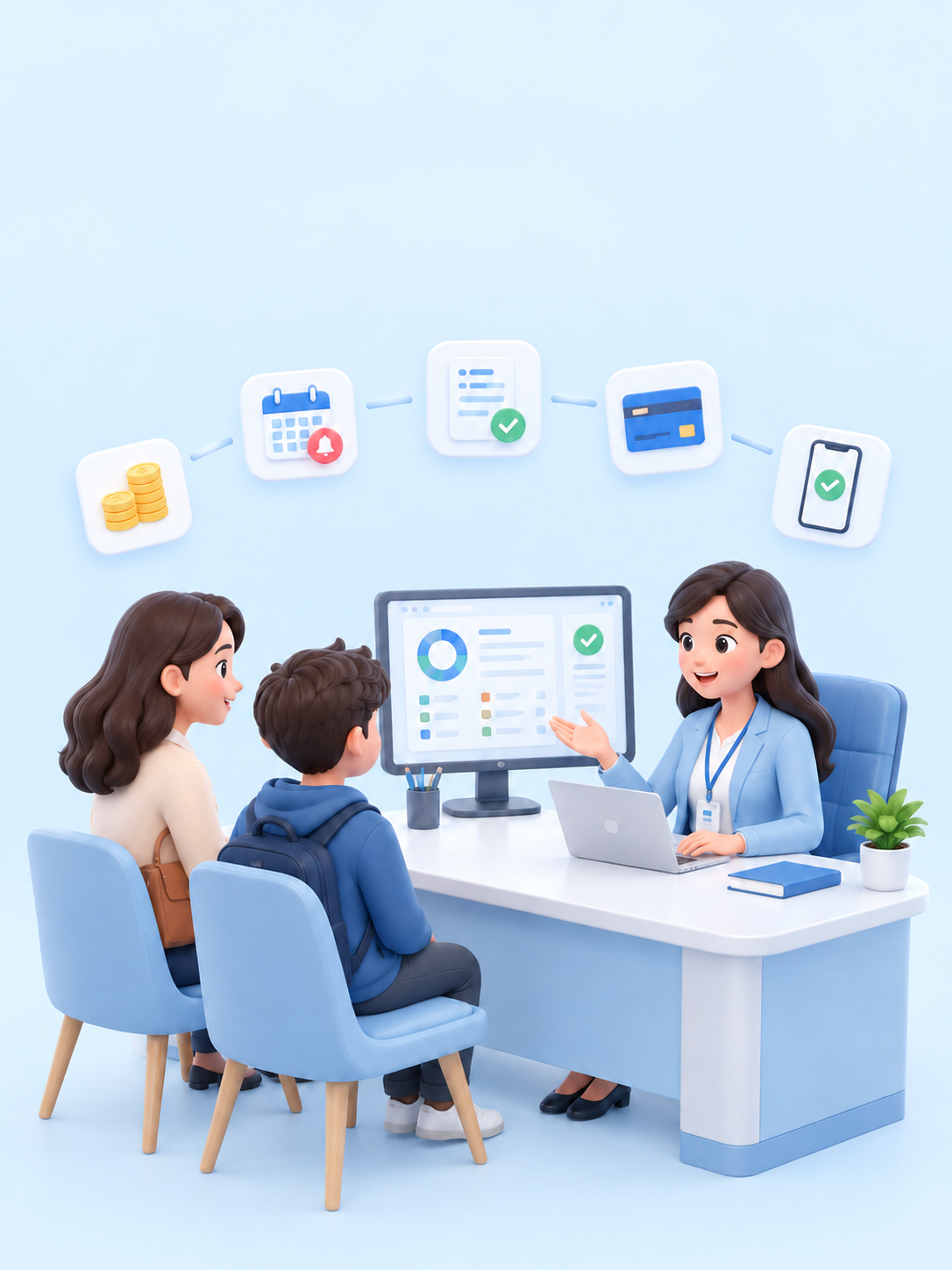 Counsellor walking a family through fee plans, reminders and receipts