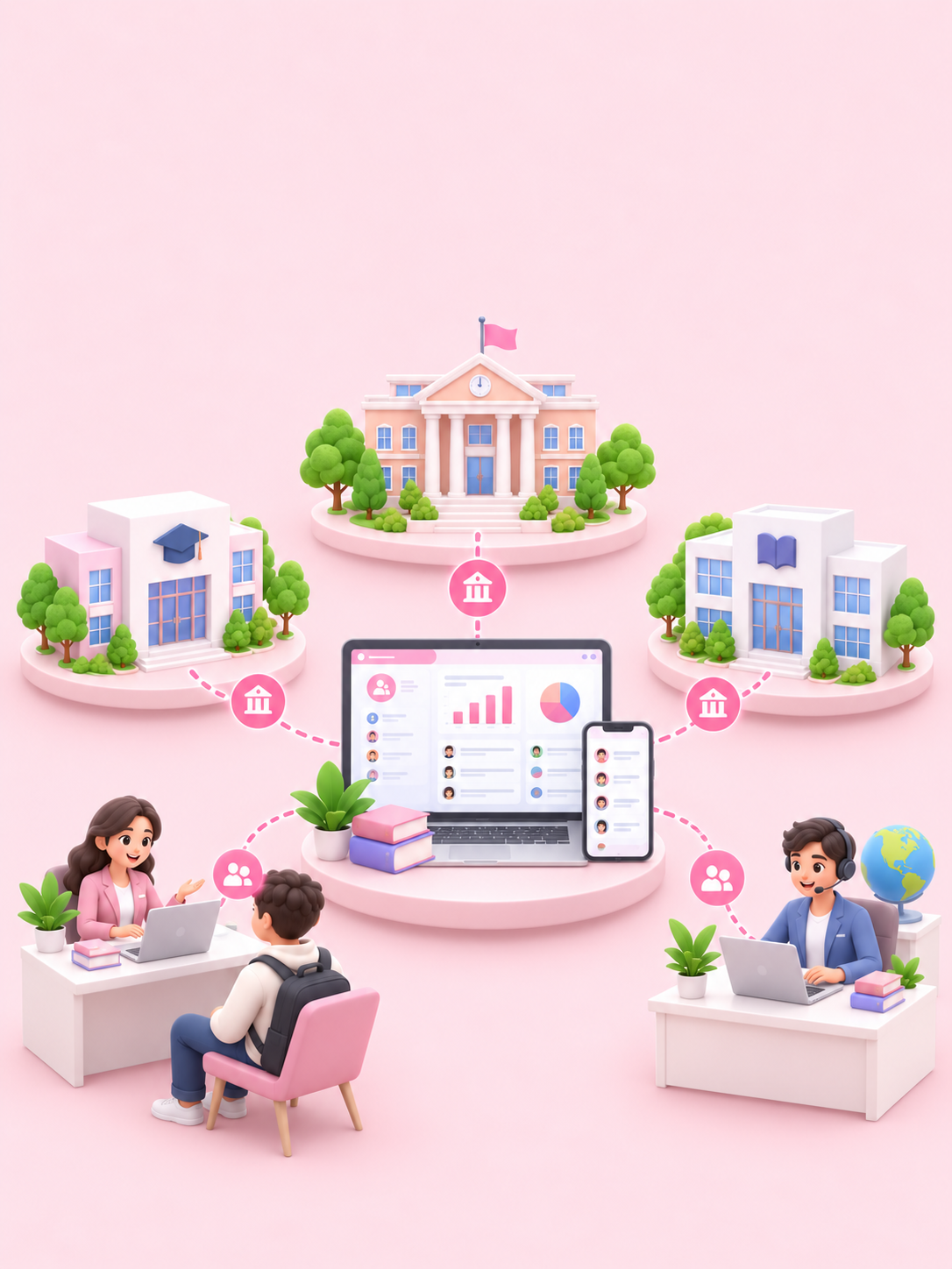 Connected network of campuses, branches and agents around a central dashboard