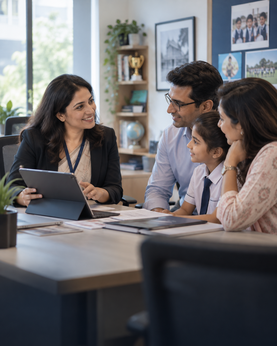 Admissions counsellor guiding a student and parent