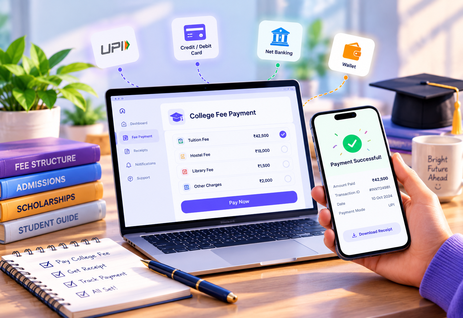 Fee invoices with WhatsApp payment link, reminders and GST-ready invoice