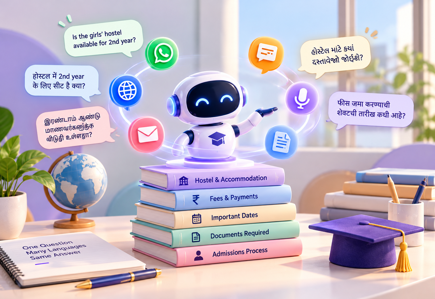 Campus AI reading questions in Hindi, Gujarati, Tamil and Marathi against hostel, fees, dates and documents knowledge
