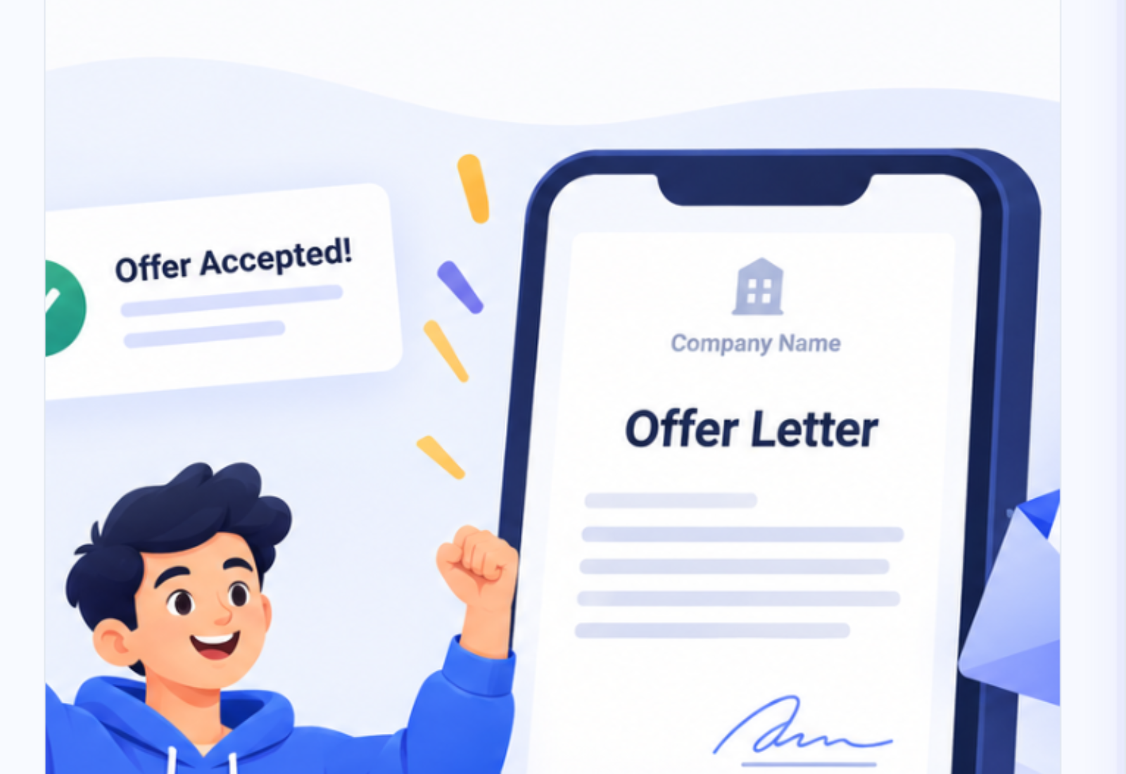 Student receiving a placement offer letter in the app, with package and joining date