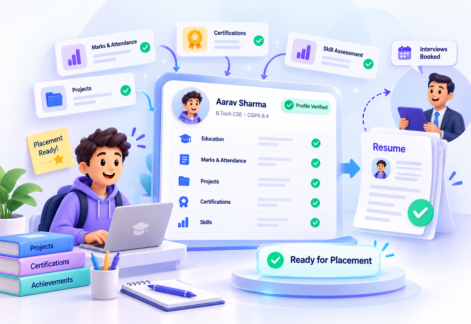 Student placement profile built from verified marks, projects, certifications and skills, ready for recruiters