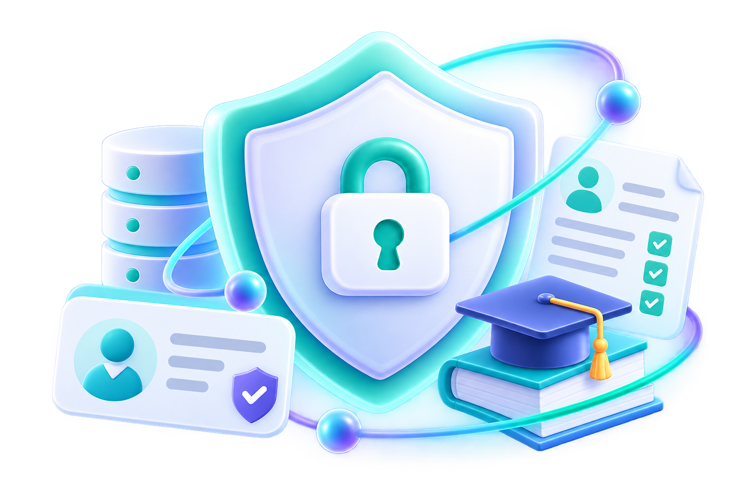 Shield with lock, encrypted records and database, Campus Flow data protection